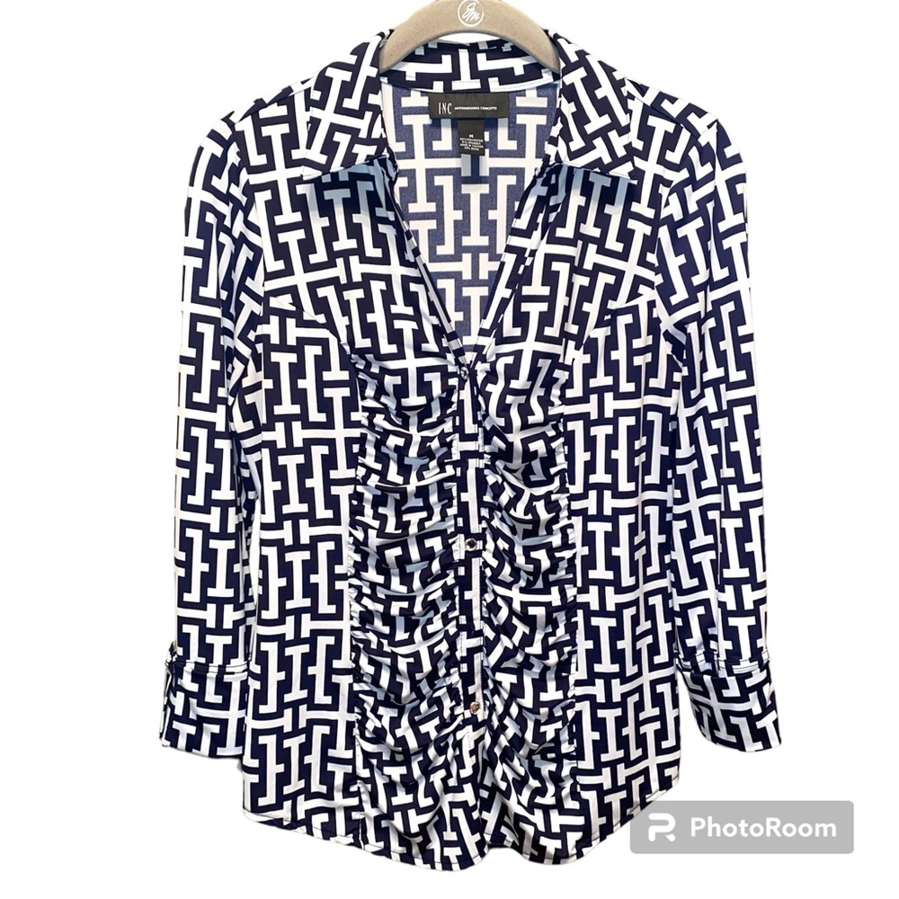INC Women's Printed Ruched Snap-Front Top